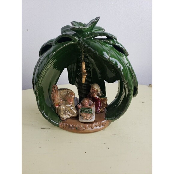 Unknown Other - Nativity Palm Tree Tealight Candle Holder Holy Family Baby Jesus Manger 7.5x8 In